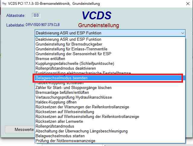 VCDS Elektronische Parkbremse  Codierung für Bremsbelagwechsel